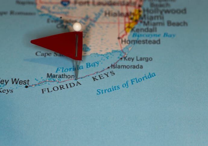 A map pin with a red flag pinpoints the city on a select area from a high quality map.  The red flag creates highlighted copy space for text.